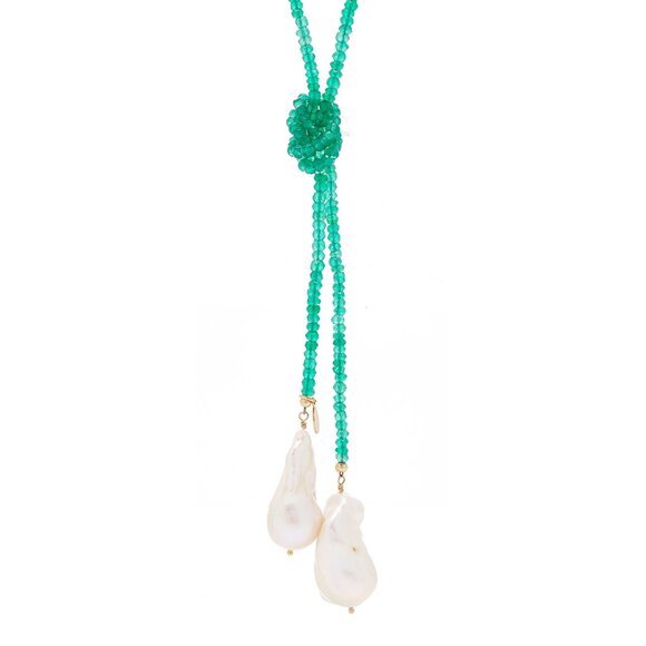 Joie DiGiovanni Lariat Gold Filled Onyx Pearl Necklace Womens Green White Beaded - Picture 2 of 13